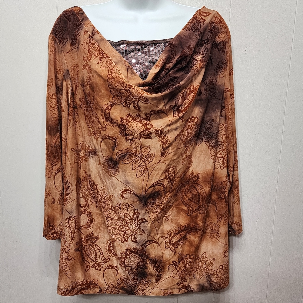 Cato Blouse Draped Neck 18 - 20 Plus Brown Tan Floral Office Lightweight B236